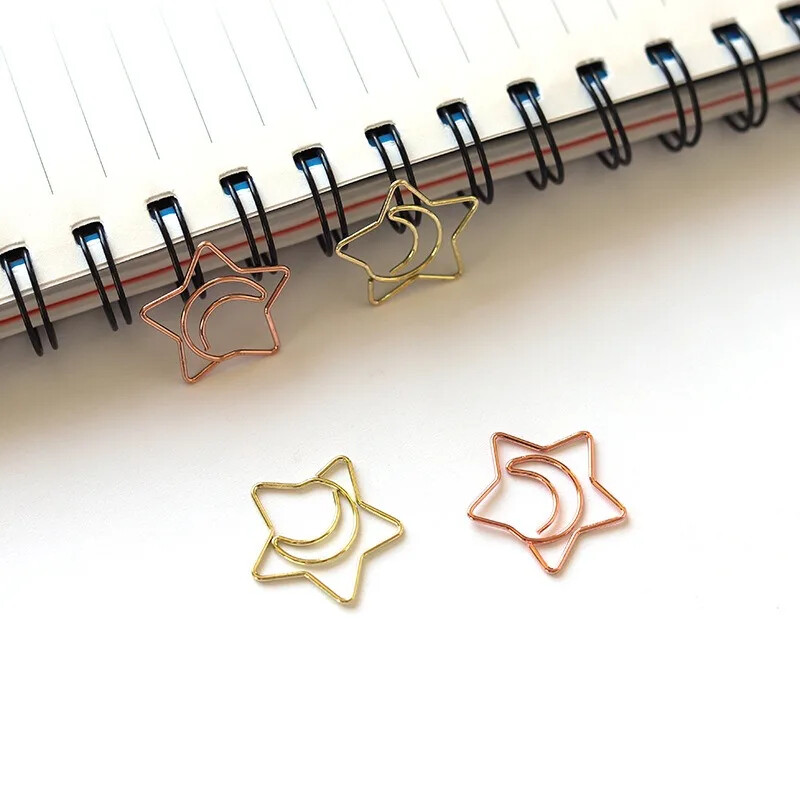 50 tk / kott minikuu ja tähed kuldne roosa kuld Värviklamber Järjehoidja köitmisklamber Kontoritarvikud paberiklambrid Lapikujuline klamber