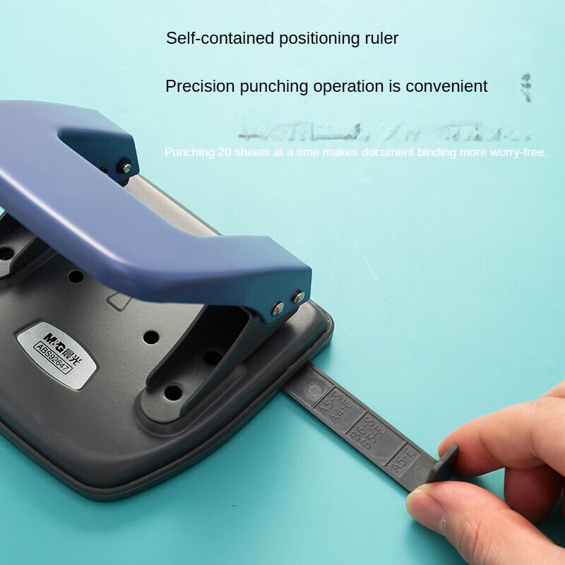 Perforator M&G Mediu 20 pagini Perforator portabil cu două orificii Diametru 5,5 mm/ Distanța orificiilor 80 mm (cu riglă) Albastru Pachet unic
