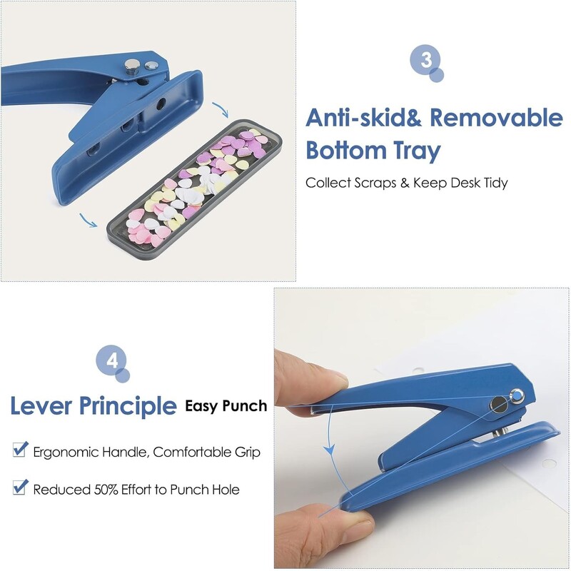 Perforator cu o singură gaură Capacitate de 1/4" 20 de coli Perforator portabil Bază albastră anti-alunecare Ideal pentru proiecte de artă artizanale din PAL din hârtie