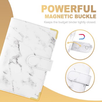 A6 Marble Budget Binder, Refillable Mini Binder 6 Ring for A6 Filler Paper, Δερμάτινο κάλυμμα με μαγνητικό κλείσιμο πόρπης