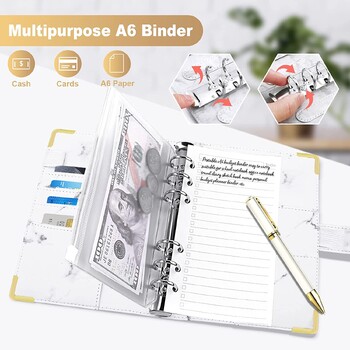 A6 Marble Budget Binder, Refillable Mini Binder 6 Ring for A6 Filler Paper, Δερμάτινο κάλυμμα με μαγνητικό κλείσιμο πόρπης