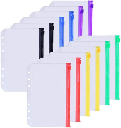 12 vienetų A5 segtuvų kišenės Spalvingi 6 skylučių piniginiai vokai, skirti A5 nešiojamojo kompiuterio laisviems lapams, vandeniui atsparūs PVC dokumentų maišeliai