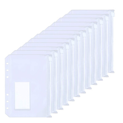 12 vnt A5/A6 dydžio PVC segtuvų kišenės su etiketės kišene, piniginiai biudžetiniai vokų maišeliai su užtrauktuku A5/A6 6 žiedų nešiojamųjų kompiuterių segtuvui