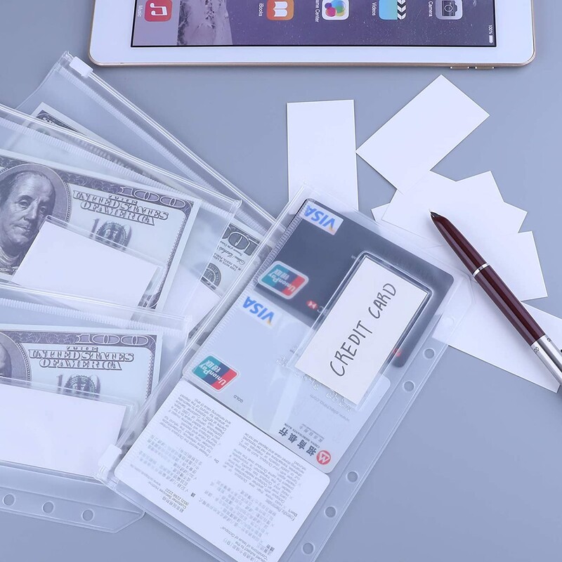 12 vnt A5/A6 dydžio PVC segtuvų kišenės su etiketės kišene, piniginiai biudžetiniai vokų maišeliai su užtrauktuku A5/A6 6 žiedų nešiojamųjų kompiuterių segtuvui