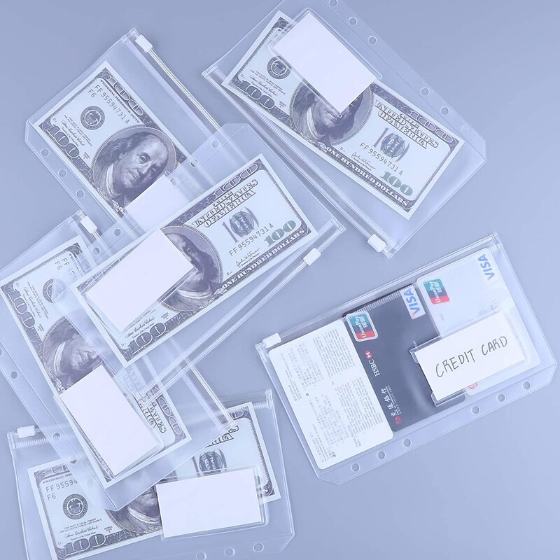 12 vnt A5/A6 dydžio PVC segtuvų kišenės su etiketės kišene, piniginiai biudžetiniai vokų maišeliai su užtrauktuku A5/A6 6 žiedų nešiojamųjų kompiuterių segtuvui