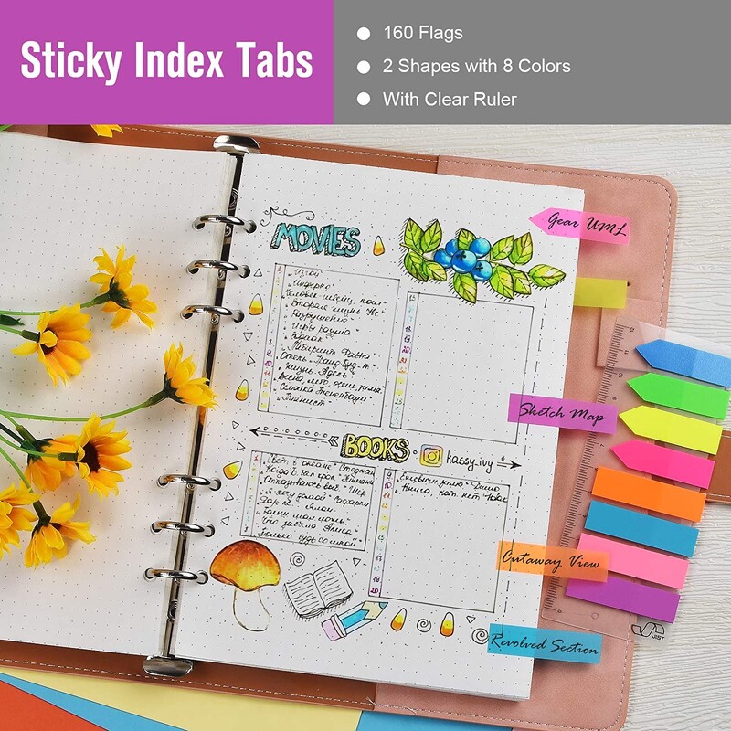 A6 kartotinai užpildomas užrašų knygelės planavimo laikiklis su 45 papildomu popieriumi, 5 segtuvų skirstytuvais, 160 rodyklės skirtukų su liniuote, 2 segtuvų kišenėmis