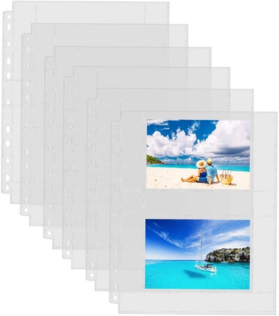 11 caurumu lieljaudas fotoattēlu lapas aizsargs, plastmasas caurspīdīgs fotoalbuma uzmavas 3 gredzenu stiprinājumam, 4 kabatas (3,5 x 5 collas) katrā lapā