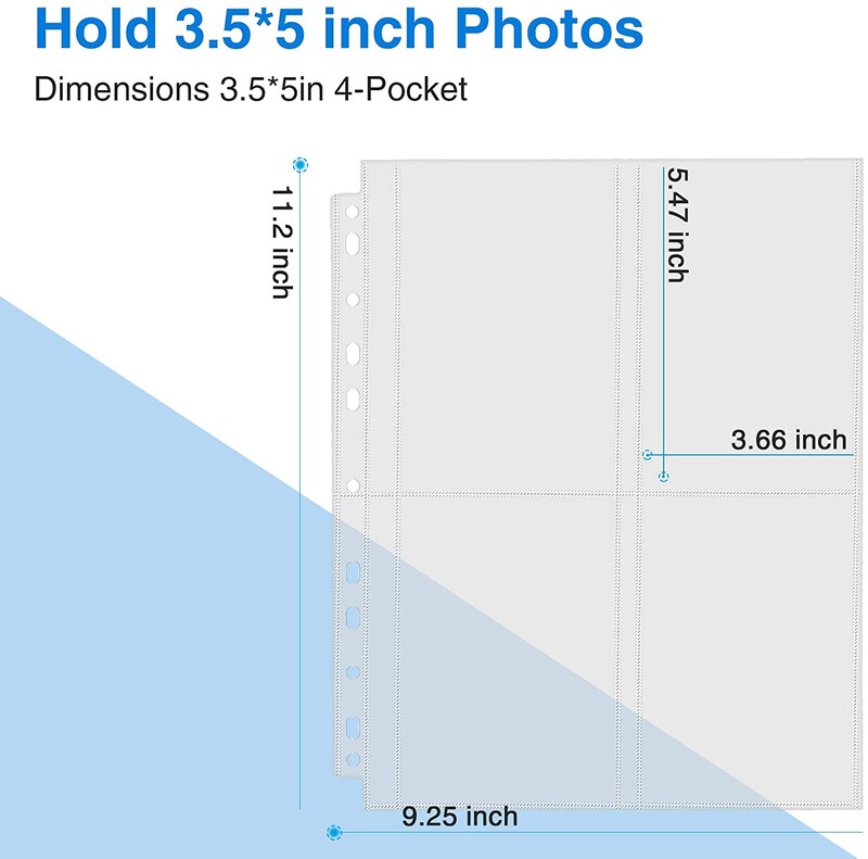 11 skylių didelio našumo nuotraukų puslapio apsauga, plastikinė skaidraus nuotraukų albumo rankovės 3 žiedų segtuvui, 4 kišenės (3,5 x 5 colio) puslapyje