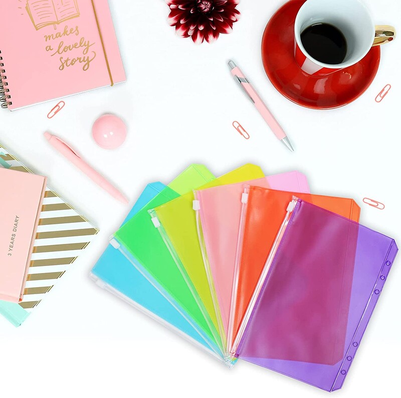 12 vienetų A5 segtuvų kišenės 6 skylučių segtuvų vokai, skirti A5 6 žiedų nešiojamojo kompiuterio laisviems lapams, vandeniui atsparūs PVC dokumentų maišeliai