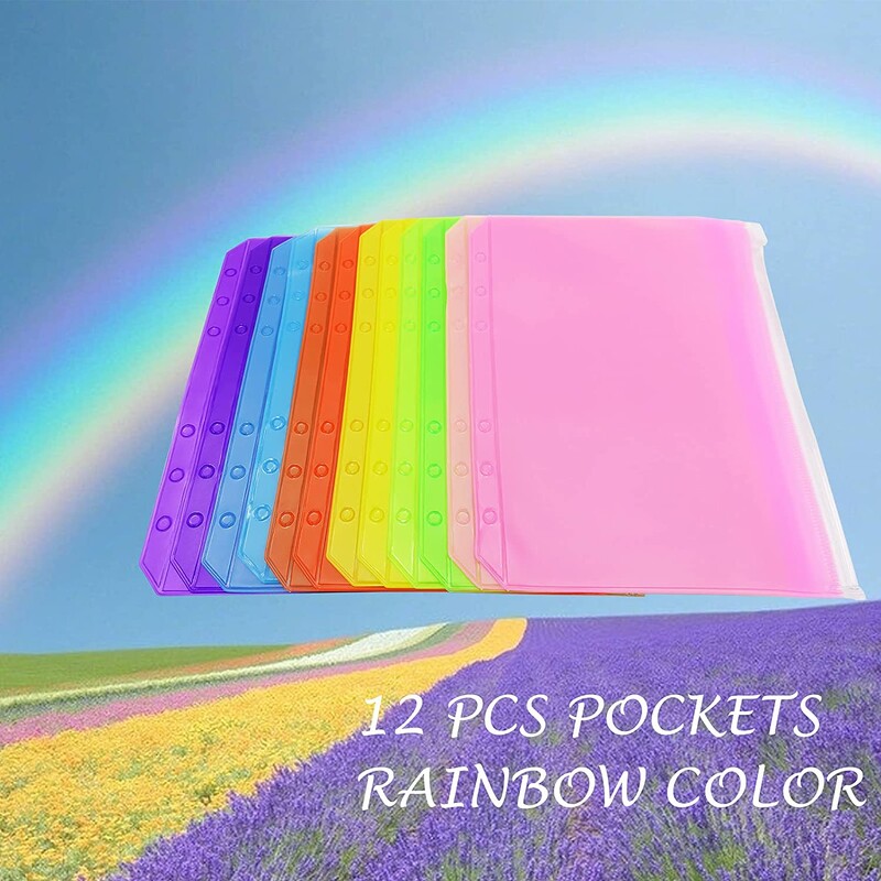 12 vienetų A5 segtuvų kišenės 6 skylučių segtuvų vokai, skirti A5 6 žiedų nešiojamojo kompiuterio laisviems lapams, vandeniui atsparūs PVC dokumentų maišeliai