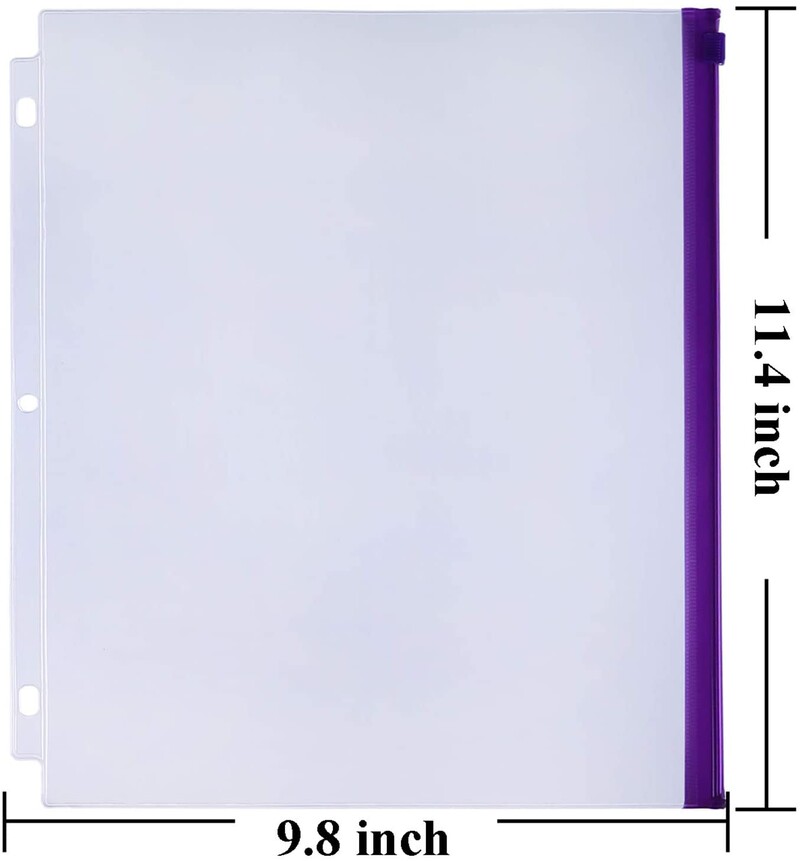 6 pakuotės segtuvų kišenės raidžių dydis 3 skylės 11,4" x 9,8" užtrauktuku segtuvų maišelių aplankai, skirti 3 žiediniams PVC vandeniui atspariems laisviems lapų maišams