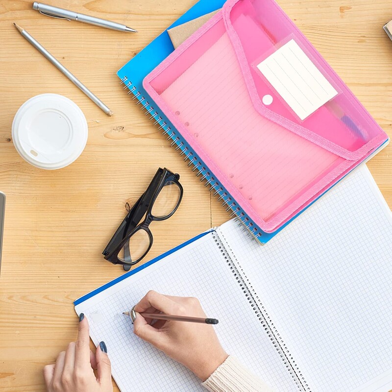 Foldere de fișiere din plastic A5 rezistente la apă, plic A5, portofel pentru fișiere, organizator de documente cu închidere rapidă și buzunar pentru etichete