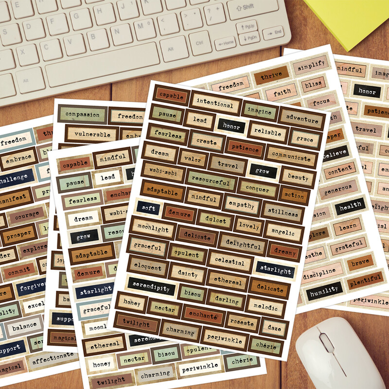 6 lapų senovinių angliškų žodžių lipdukų rinkinys, skirtas žurnalams, iškarpų knygai, užrašų knygelės „Metų žodžio“ etiketės, žurnalų reikmenys