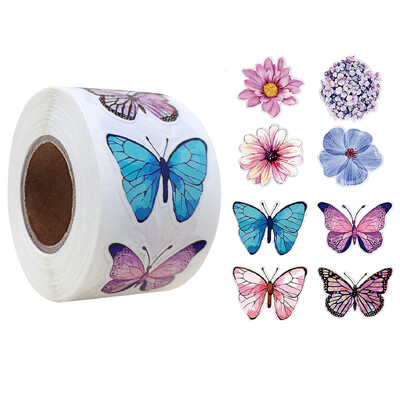 500 gab./rullī spilgti tauriņu ziedu uzlīmes 2,5 cm/1,0 collas DIY Decals Dekors Izmantojiet dāvanu rotāšanai piezīmjdatoru tējkannas tālruņu zīmogu uzlīmes