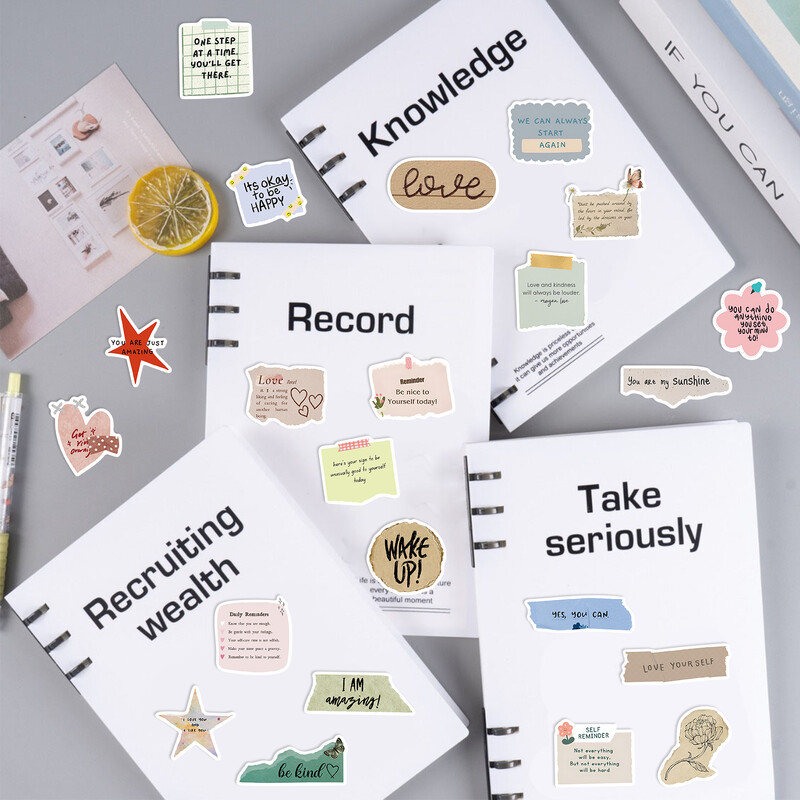 50vnt Gydomoji nuotaika Tekstas Fragmentai Lipdukų kolekcija Menai Lipdukai kompiuteriams Lagaminai Sąsiuviniai Vandens puodeliai Šalmai