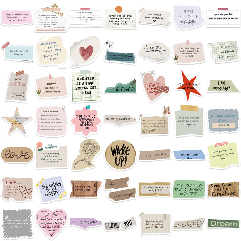 50vnt Gydomoji nuotaika Tekstas Fragmentai Lipdukų kolekcija Menai Lipdukai kompiuteriams Lagaminai Sąsiuviniai Vandens puodeliai Šalmai