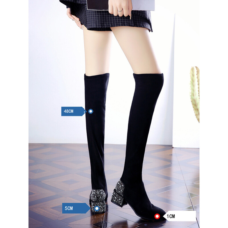 Ženske čizme iznad koljena s četvrtastim vrhovima 2024. Zima 2024. Elastične tanke Elastične tanke pete s kristalima Čizme na srednju petu koja ne padaju 8816-3