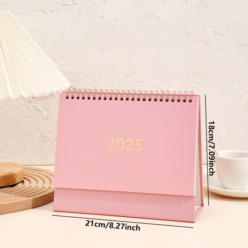 1 бр. 2025 Обикновен едноцветен настолен календар 2 размера Flip Stand Метален пръстен Подвързия с включени стикери Месечен календар