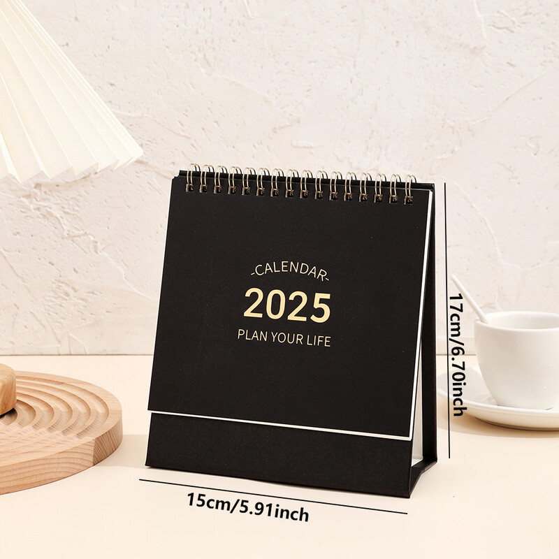 1 бр. 2025 Обикновен едноцветен настолен календар 2 размера Flip Stand Метален пръстен Подвързия с включени стикери Месечен календар