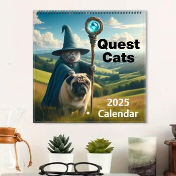 Ημερολόγιο τοίχου 2025 Weird Medieval Quest Cats ημερολόγιο τοίχου 12 μηνών Cartoon Cat Planner για διακόσμηση γραφείου σπιτιού