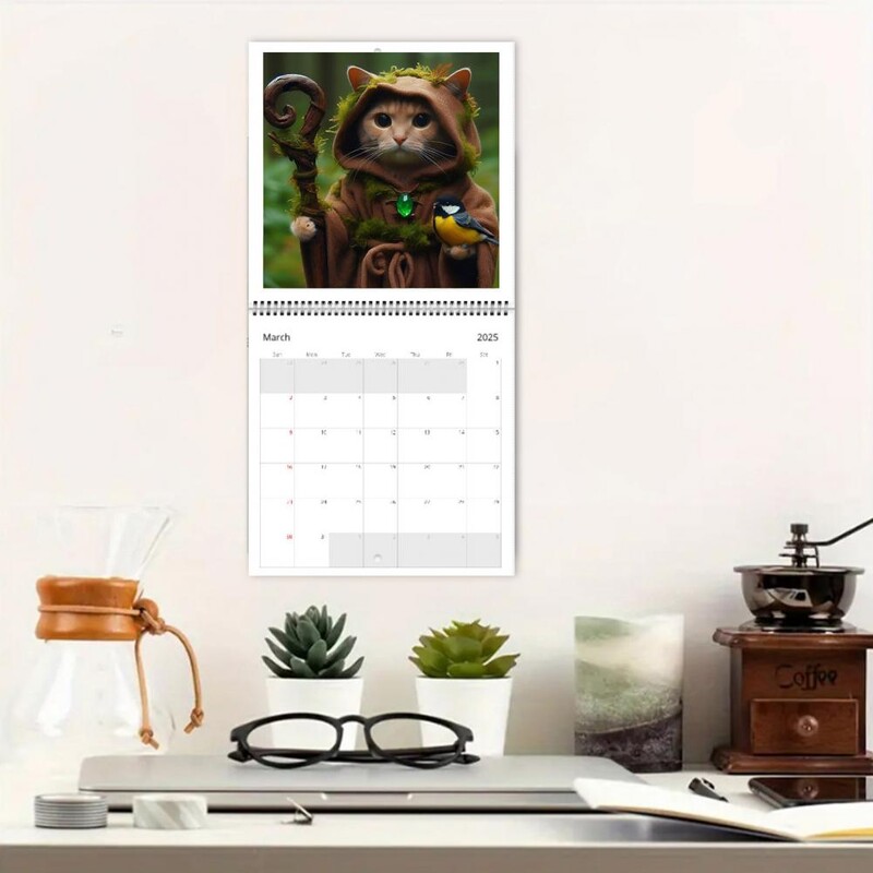 2025. aasta seinakalender veidrad keskaegsed otsingud kassid seinarippude kalender 12-kuuline koomiksikassi paberiplaneerija kodukontori sisekujunduseks