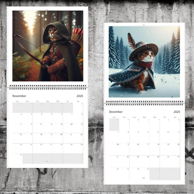 2025. aasta seinakalender veidrad keskaegsed otsingud kassid seinarippude kalender 12-kuuline koomiksikassi paberiplaneerija kodukontori sisekujunduseks