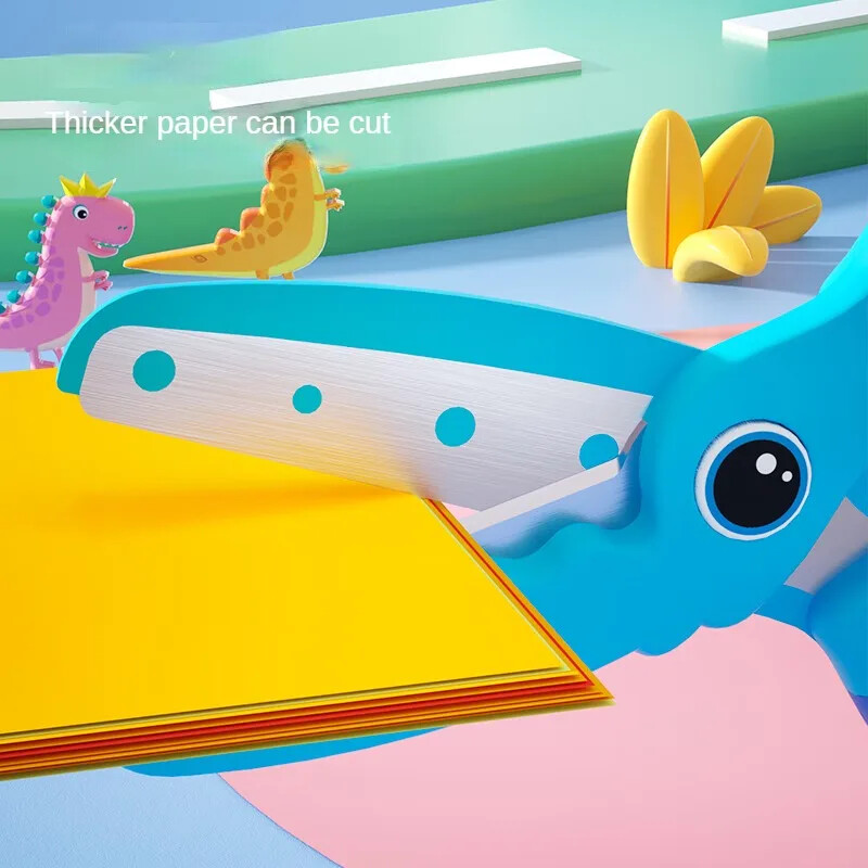 M&G 135 mm šķēres, kas ietaupa darbu, roku aizsargs, karikatūra bērniem, ar rokām darinātas šķēres, mazas dinozauru raksts zilas rozā zaļas, apaļas galvas drošības DIY papīra šķēres