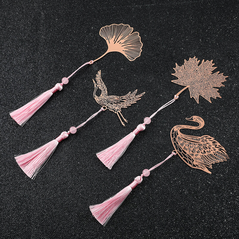 Semne de carte metalice cu 10 stiluri de aur roz de culoarea aurului cu goluri de animale cu flori cu plante cu ciucuri roz pentru colectia de cadouri pentru iubitorii de carte