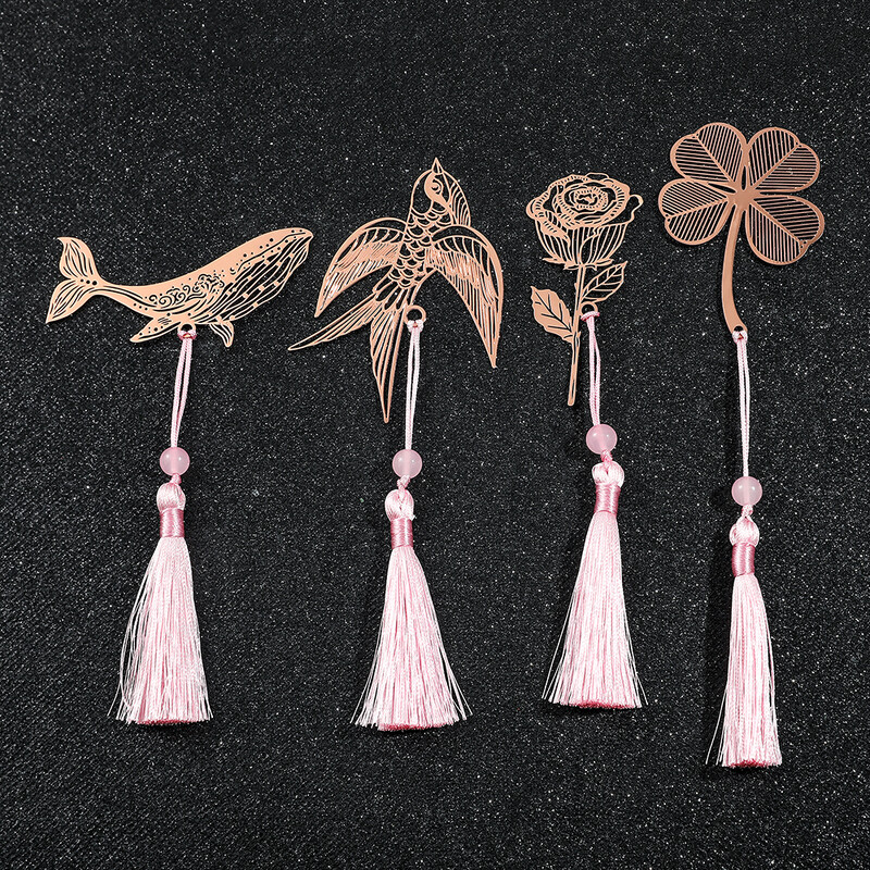 Semne de carte metalice cu 10 stiluri de aur roz de culoarea aurului cu goluri de animale cu flori cu plante cu ciucuri roz pentru colectia de cadouri pentru iubitorii de carte