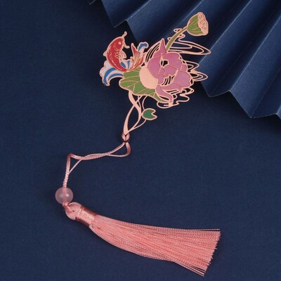 Semn de carte gol din metal în stil chinezesc, trandafir, lebădă, pin, macara, lotus, ciucuri