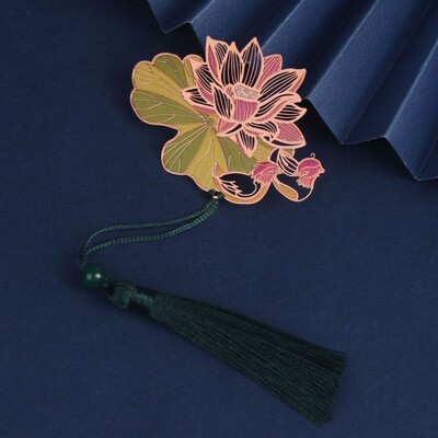 Semn de carte gol din metal în stil chinezesc, trandafir, lebădă, pin, macara, lotus, ciucuri