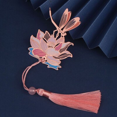 Semn de carte gol din metal în stil chinezesc, trandafir, lebădă, pin, macara, lotus, ciucuri