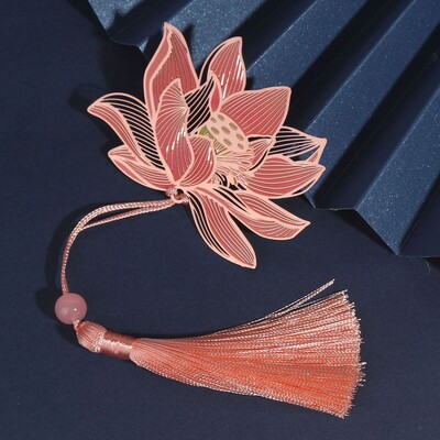 Semn de carte gol din metal în stil chinezesc, trandafir, lebădă, pin, macara, lotus, ciucuri