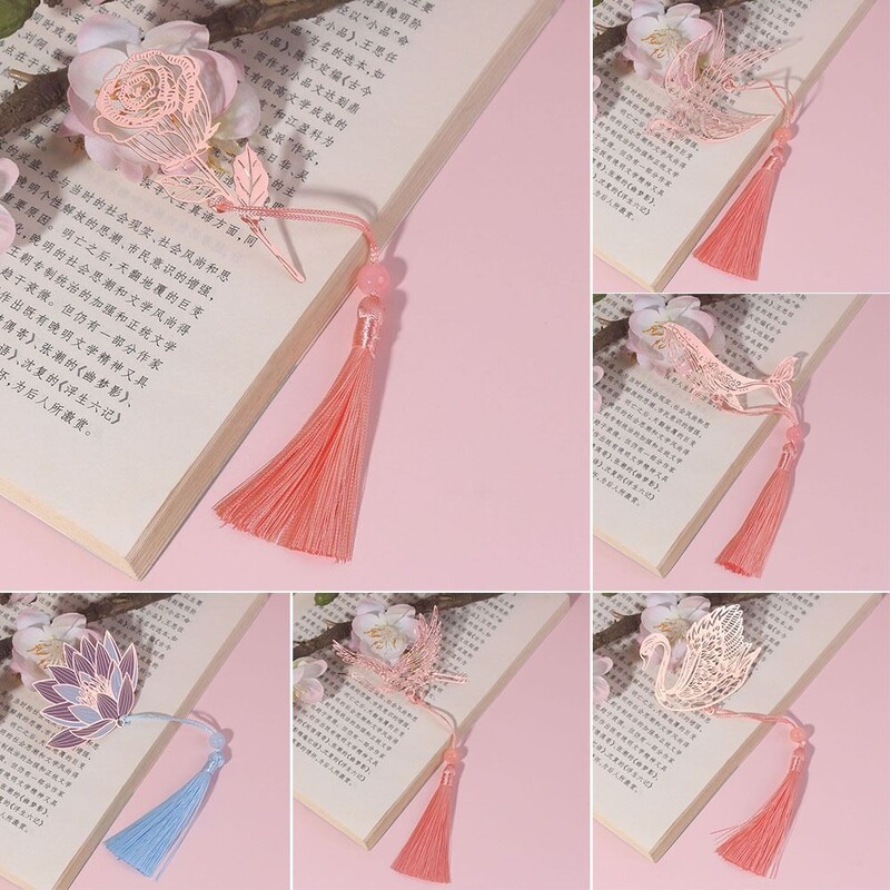 Semn de carte gol din metal în stil chinezesc, trandafir, lebădă, pin, macara, lotus, ciucuri