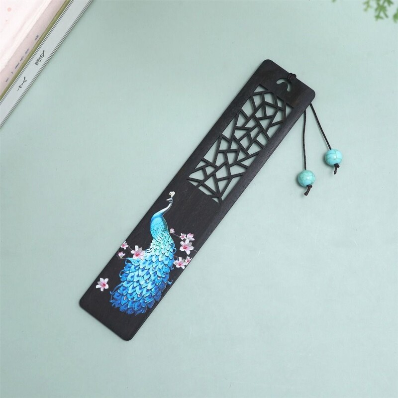 Китайски стил Дървена цветно рисувана отметка Маркировка за страници Ретро дърворезба Абанос Клипс за книга Ученици, обучаващи се канцеларски материали