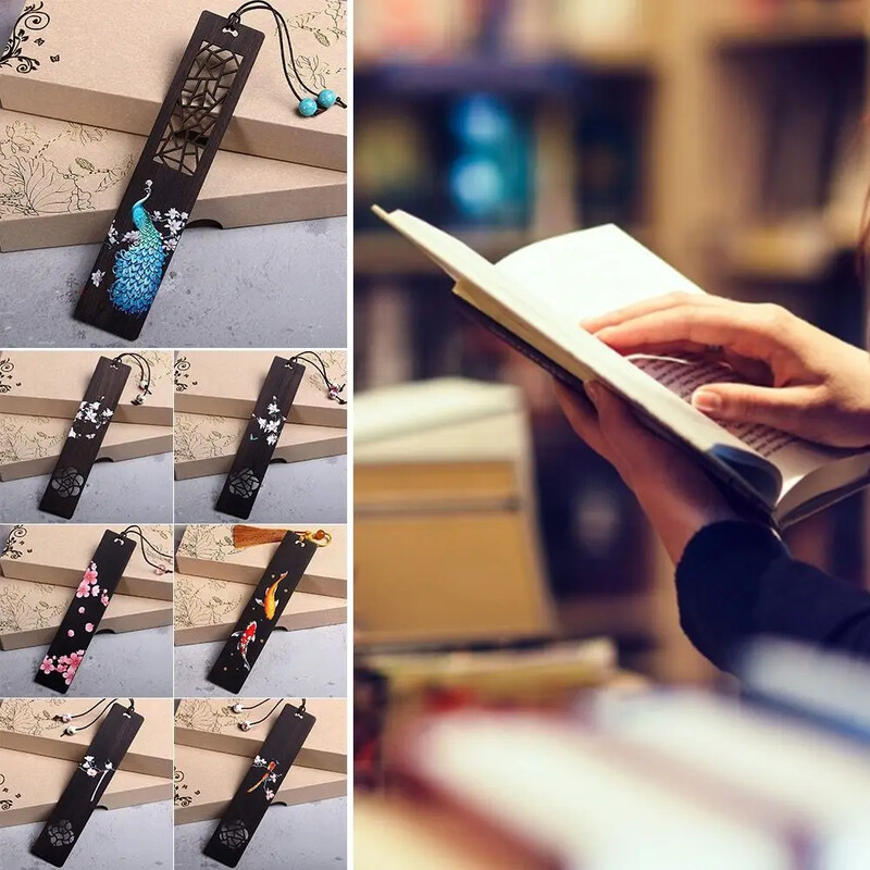 Китайски стил Дървена цветно рисувана отметка Маркировка за страници Ретро дърворезба Абанос Клипс за книга Ученици, обучаващи се канцеларски материали