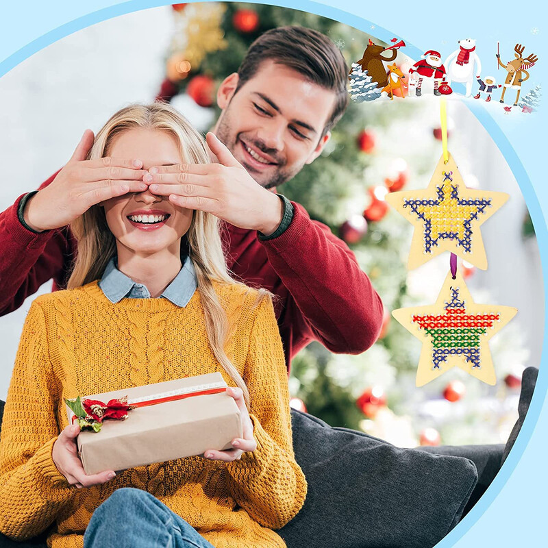 1 set Semn de carte din lemn pentru punct de cruce și costum de etichetă pentru kit de stea, Conține 4 așchii de lemn, 4 șnur, 4 fire de culoare și 4 ace de plastic