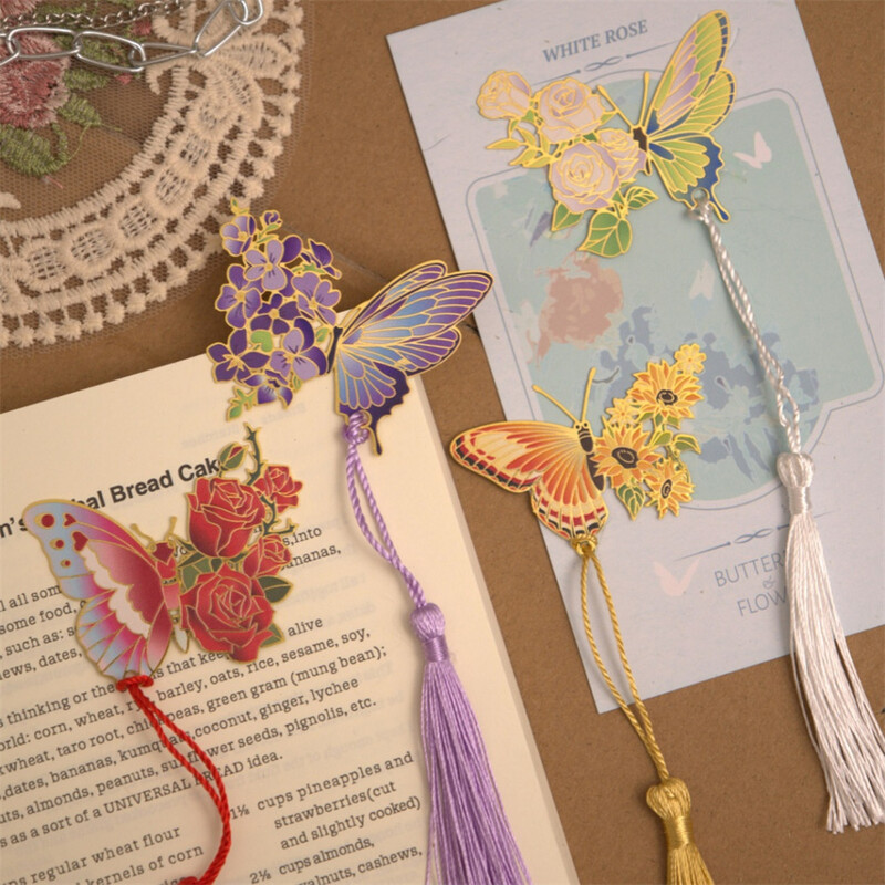 Отметка с пеперуда в китайски стил Висулка с пискюл Ретро щипка за книга Метална маркировка за страници Подарък за ученик Канцеларски материали Училищни офис принадлежности