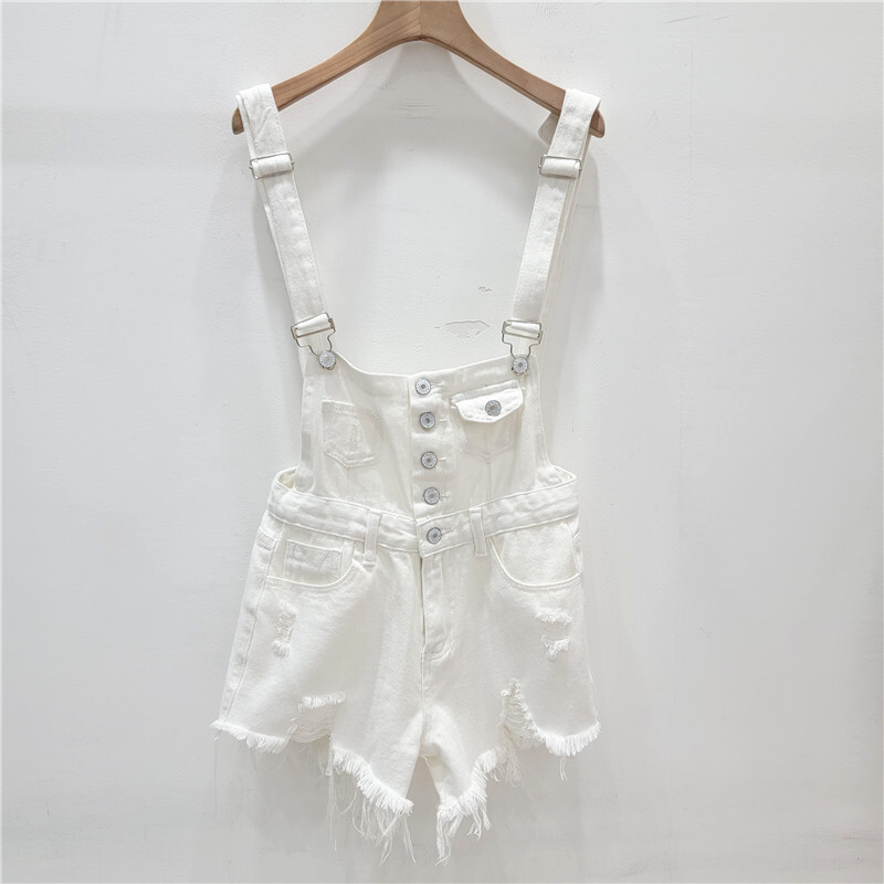 Sveučilišni traper kombinezon u stilu Hong Konga 2024. za male žene, modne kratke hlače širokih nogavica s poderanom kićankom