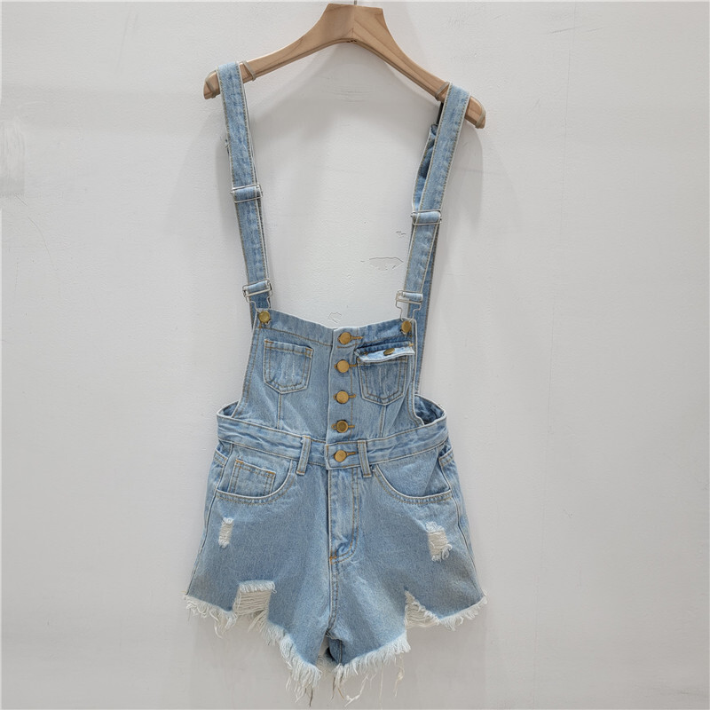 Sveučilišni traper kombinezon u stilu Hong Konga 2024. za male žene, modne kratke hlače širokih nogavica s poderanom kićankom