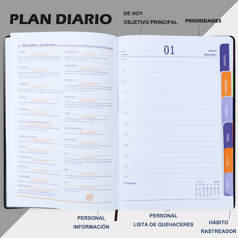 Od siječnja 2025. do prosinca 2025. Planer Bilježnica A5 Dnevni red Španjolski unutarnji 80GSM Mjesečni/tjedni/dnevni školski pribor Pribor
