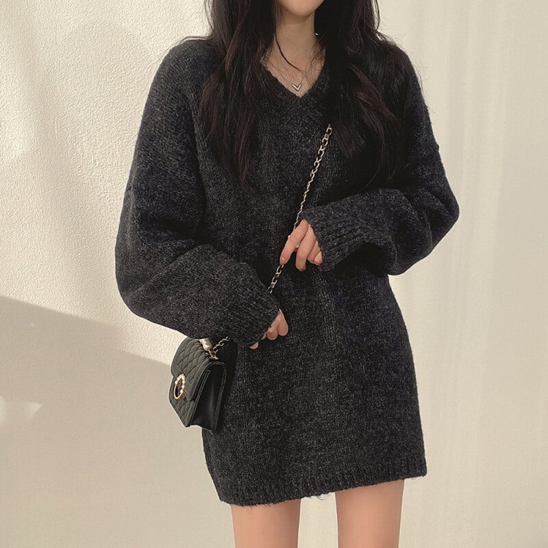 Stil coreean șic leneș, cu mâneci lăsate pe umeri, pulover largi și versatil cu decolteu în V, cu lungime mijlocie, top tricotat pentru femei