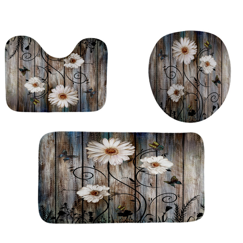 Puidust dušikardina komplekt kolme lillega 3D prinditud dušikardin ilma puurimiseta Libisemiskindel dušimatt