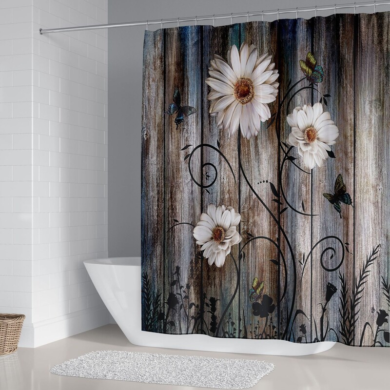 Puidust dušikardina komplekt kolme lillega 3D prinditud dušikardin ilma puurimiseta Libisemiskindel dušimatt