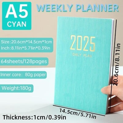 Agenda A5 2025 cu calendar, engleză, zilnic, săptămânal, planificator lunar, caiet de sarcini, listă, husă din piele PU