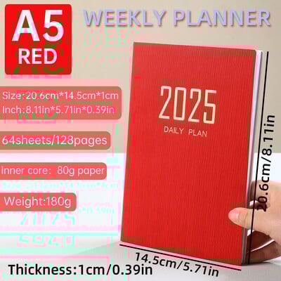 Agenda A5 2025 cu calendar, engleză, zilnic, săptămânal, planificator lunar, caiet de sarcini, listă, husă din piele PU