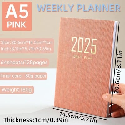 Agenda A5 2025 cu calendar, engleză, zilnic, săptămânal, planificator lunar, caiet de sarcini, listă, husă din piele PU