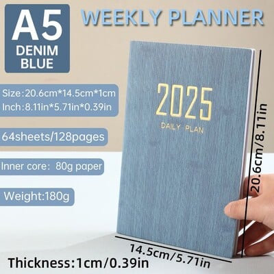 Agenda A5 2025 cu calendar, engleză, zilnic, săptămânal, planificator lunar, caiet de sarcini, listă, husă din piele PU