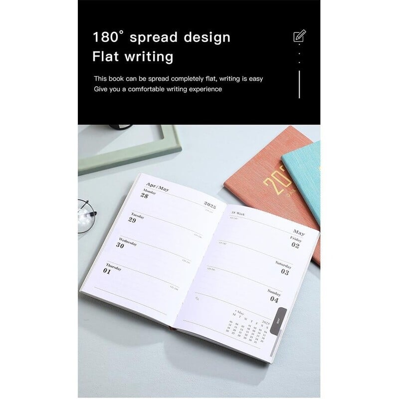 Agenda A5 2025 cu calendar, engleză, zilnic, săptămânal, planificator lunar, caiet de sarcini, listă, husă din piele PU