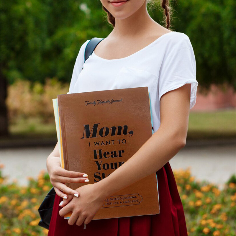Мамо, искам да чуя твоята история, кожена лента с твърди корици, отметка, мамо, разкажи ми твоята житейска история, дневник, значим дневник за памет